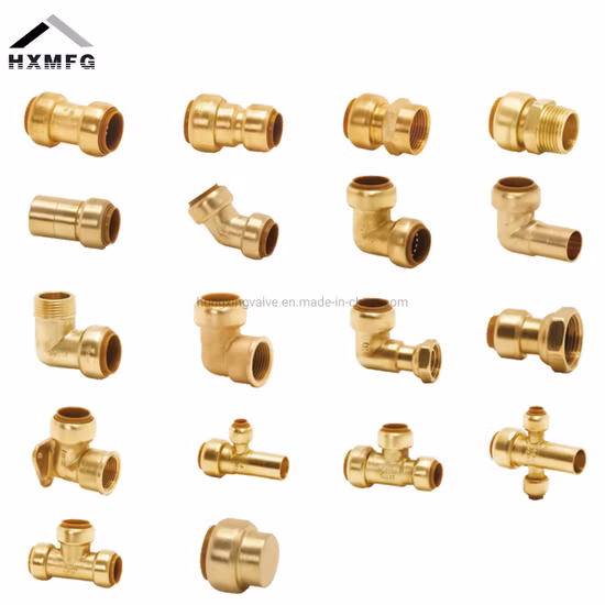 Umfassendes Messing-Kupplungsgewinde-Adapter, PE-Winkel, Pushfit-Press-T-Stück, Pex-Wandplatte, Löt-Kreuz-Gleithahn-Anschluss, gebogene Kupfer-Kompressionsverschraubung